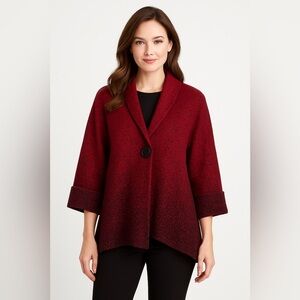 Ali Miles Toggle Button Artsy Asymmetrical sweater Jacket Red & Black Ombre